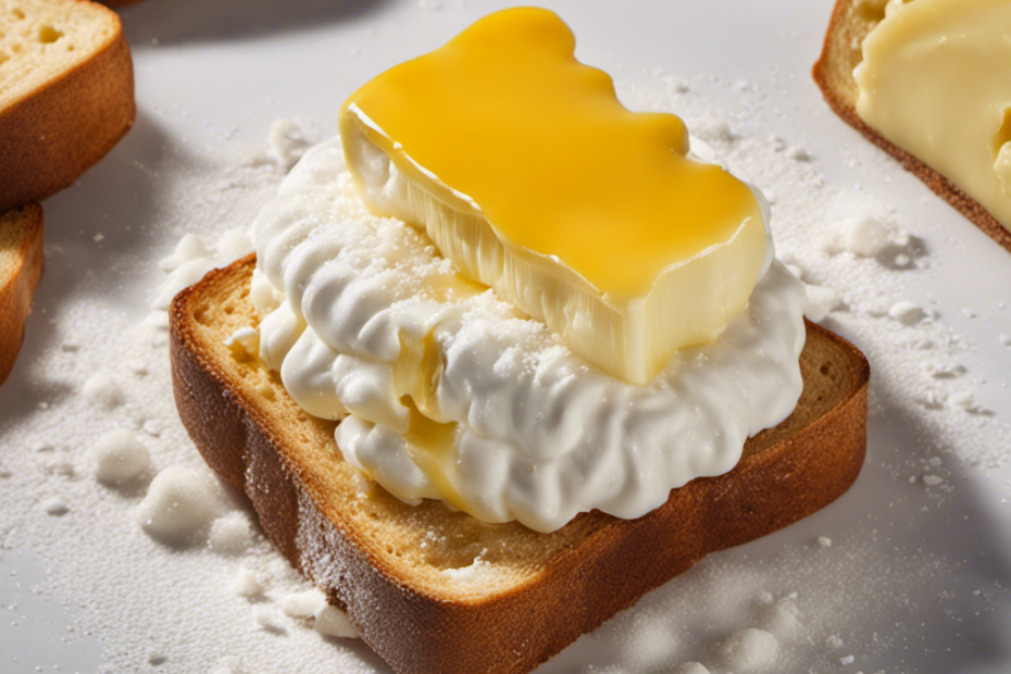 An image depicting a tablespoon of salted butter melting on a piece of warm toast, with fine white salt granules slowly cascading from the melting butter onto the surface