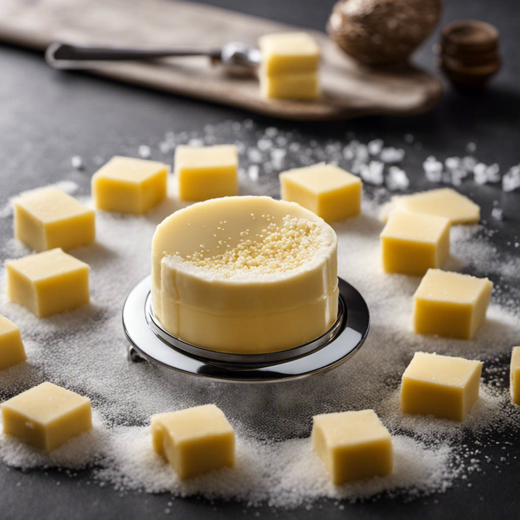 An image showcasing a pat of butter being measured on a precision scale, surrounded by small salt crystals delicately sprinkled over its surface, highlighting the precise measurement of salt content in butter