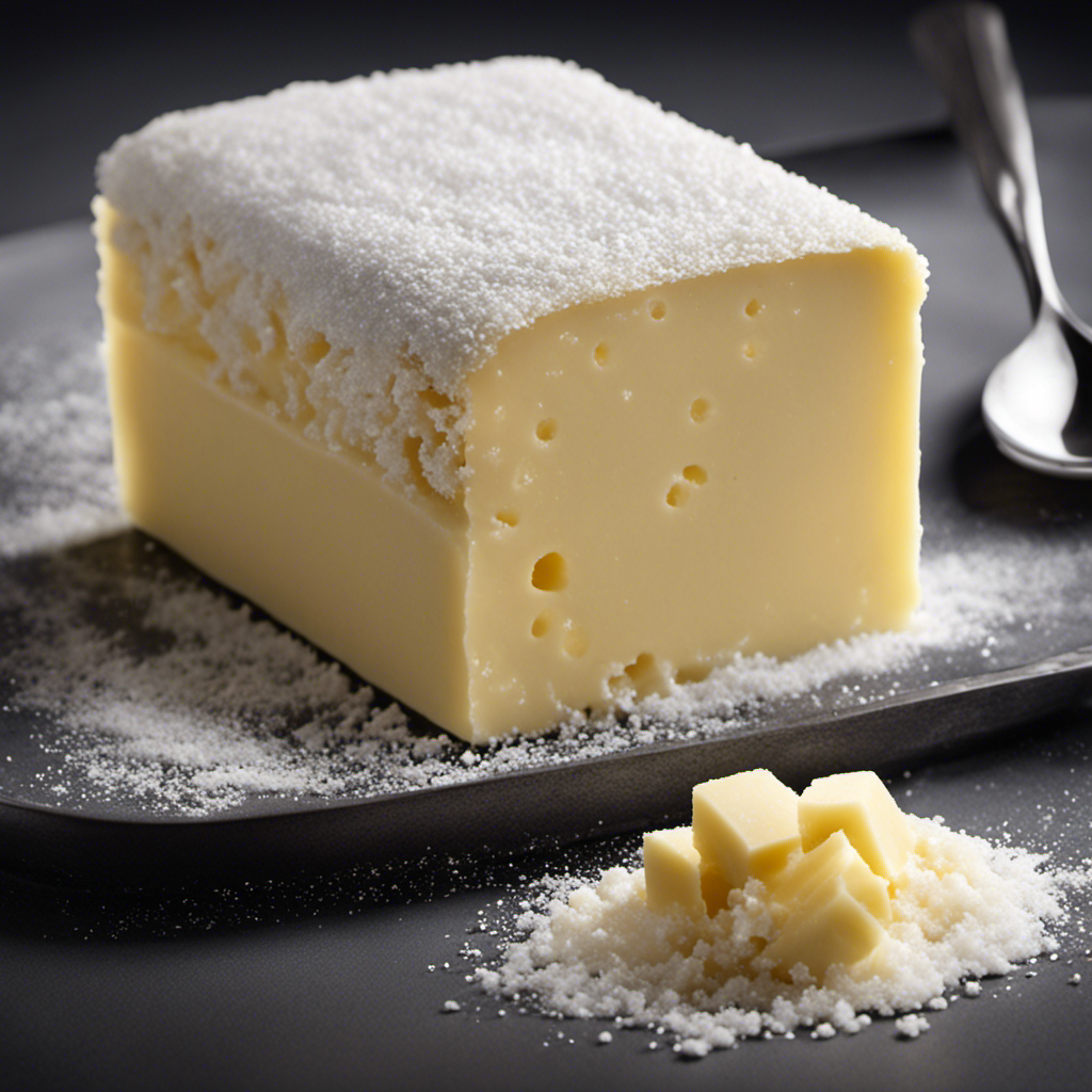 An image that showcases an open stick of salted butter, revealing its layers and dimensions
