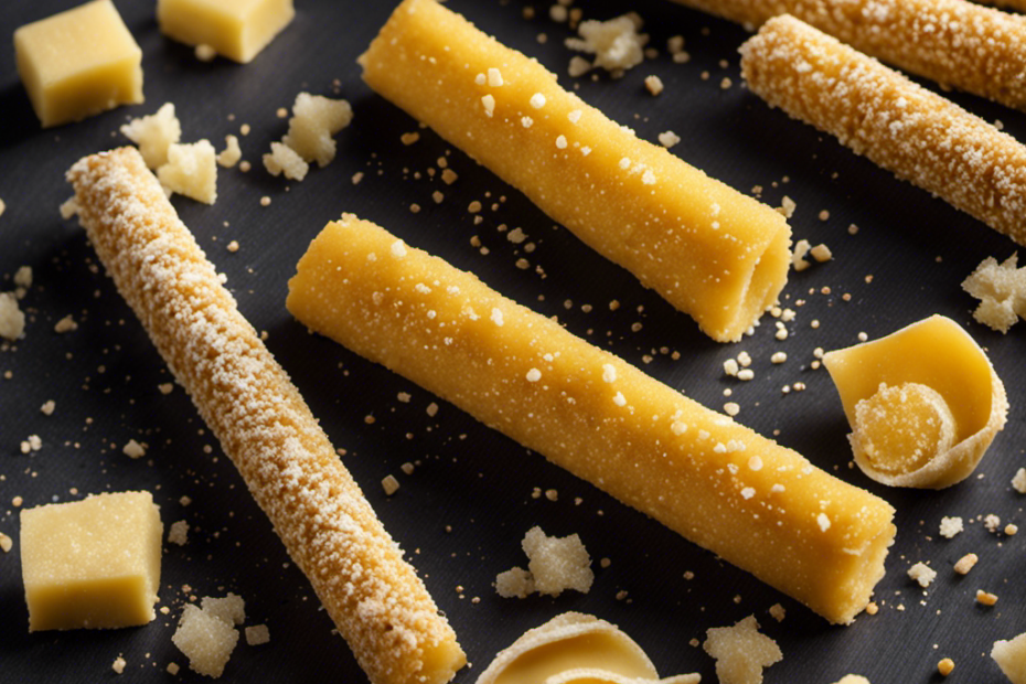 An image showcasing a close-up of a golden salted butter stick, gently sliced to reveal its velvety texture