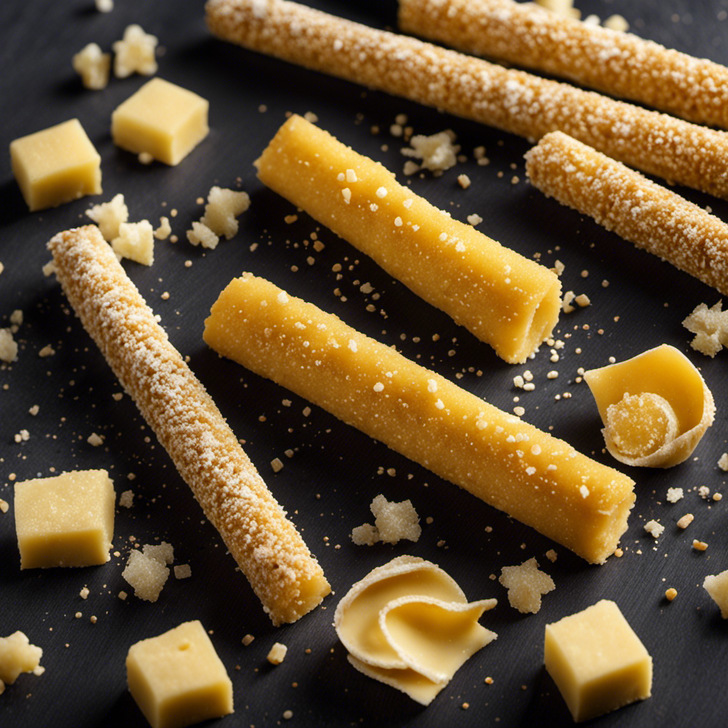 An image showcasing a close-up of a golden salted butter stick, gently sliced to reveal its velvety texture