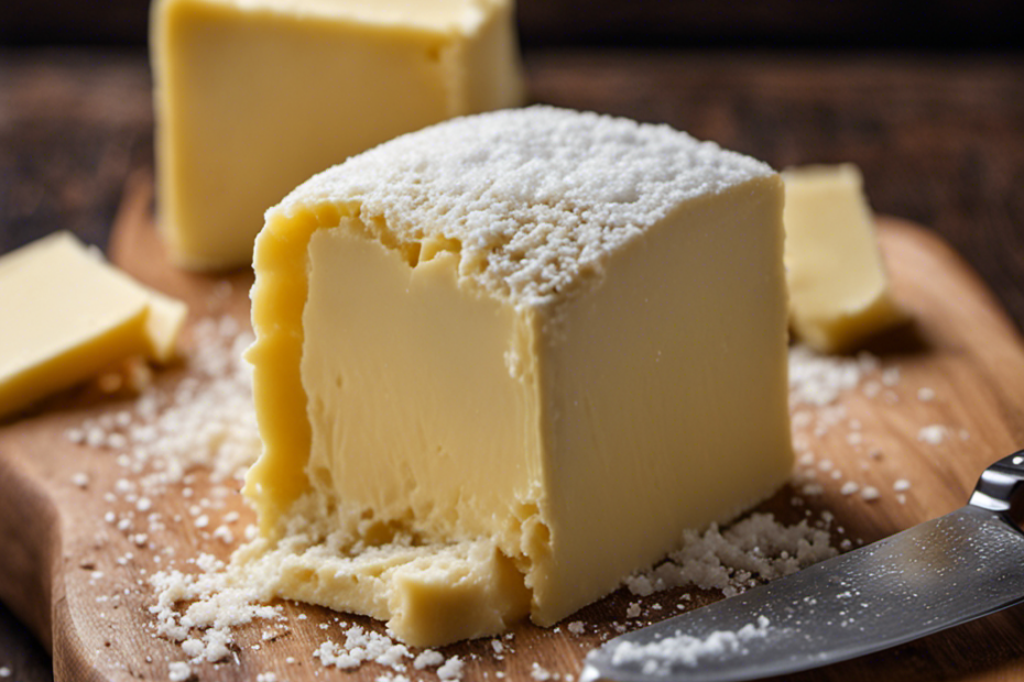 An image showcasing a close-up of a pat of salted butter on a wooden cutting board