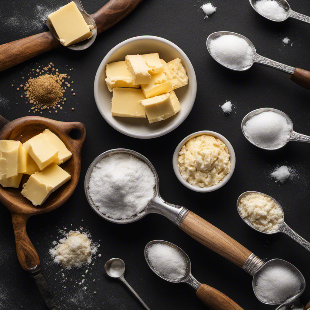 An image of a hand holding a stick of unsalted butter, surrounded by various measuring spoons filled with different amounts of salt