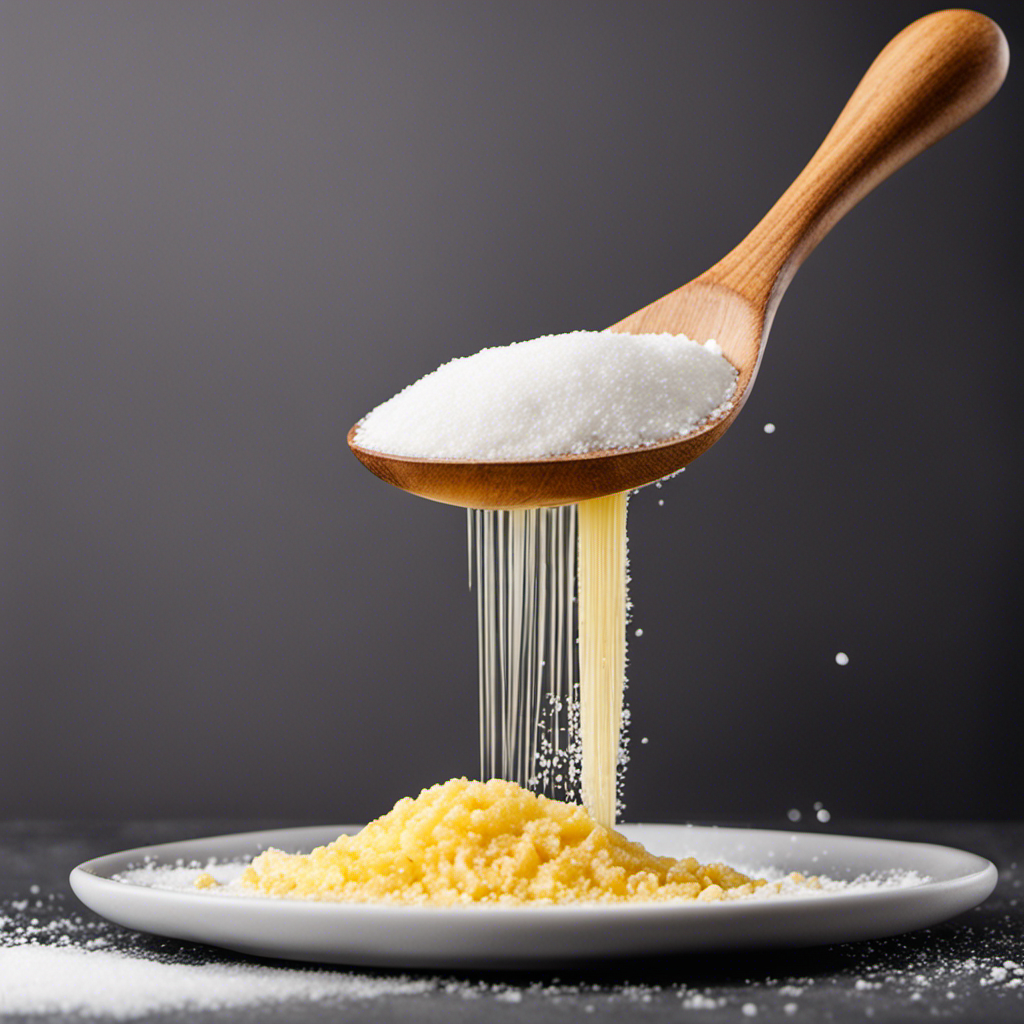 An image showcasing a wooden spoon gently sprinkling a precise amount of fine white salt onto a perfectly golden unsalted butter stick, highlighting the art of salt measurement for butter preparation