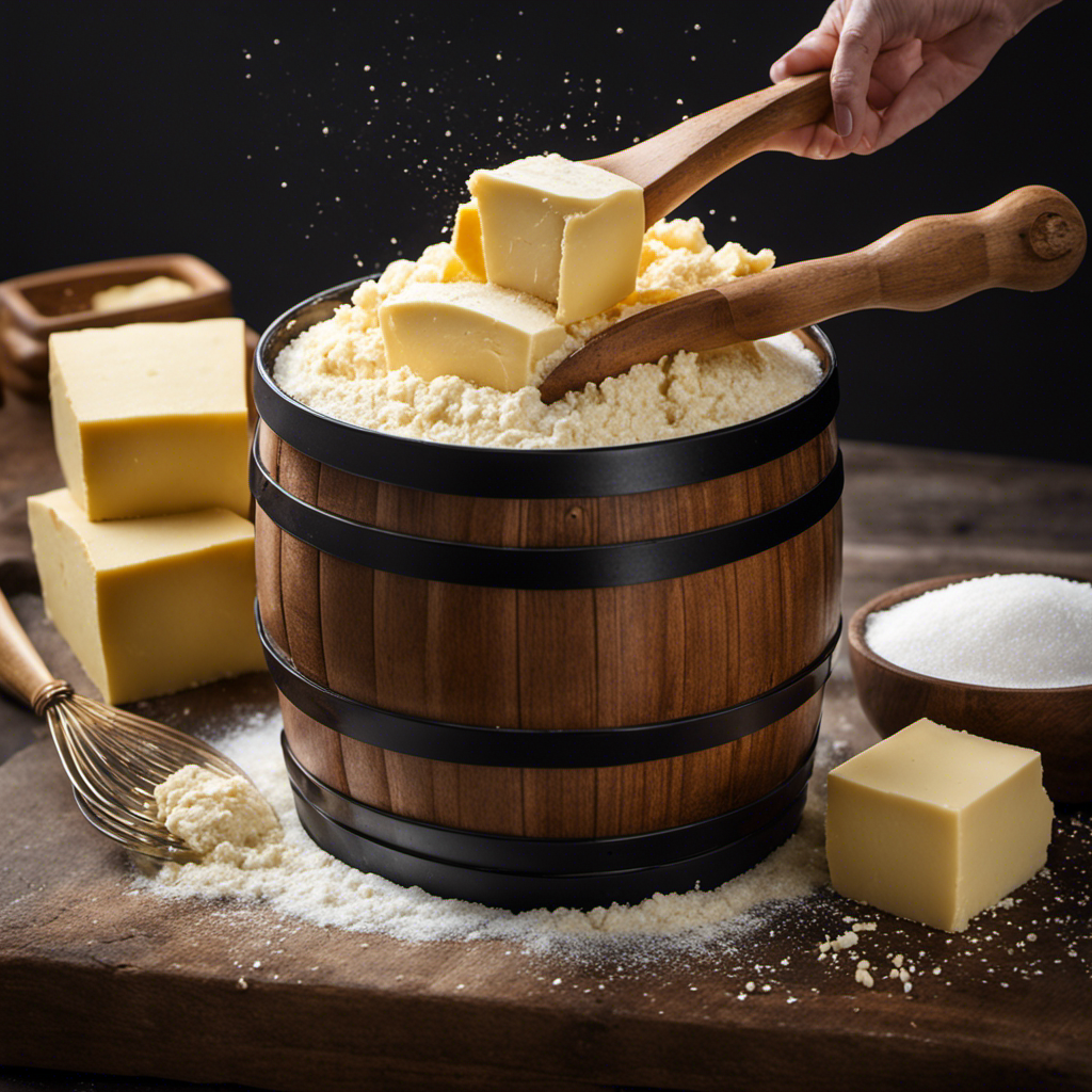 An image capturing the process of making salted butter: a hand churning creamy butter in a wooden barrel, with crystaline salt grains gently sprinkling down, perfectly coating the velvety spread