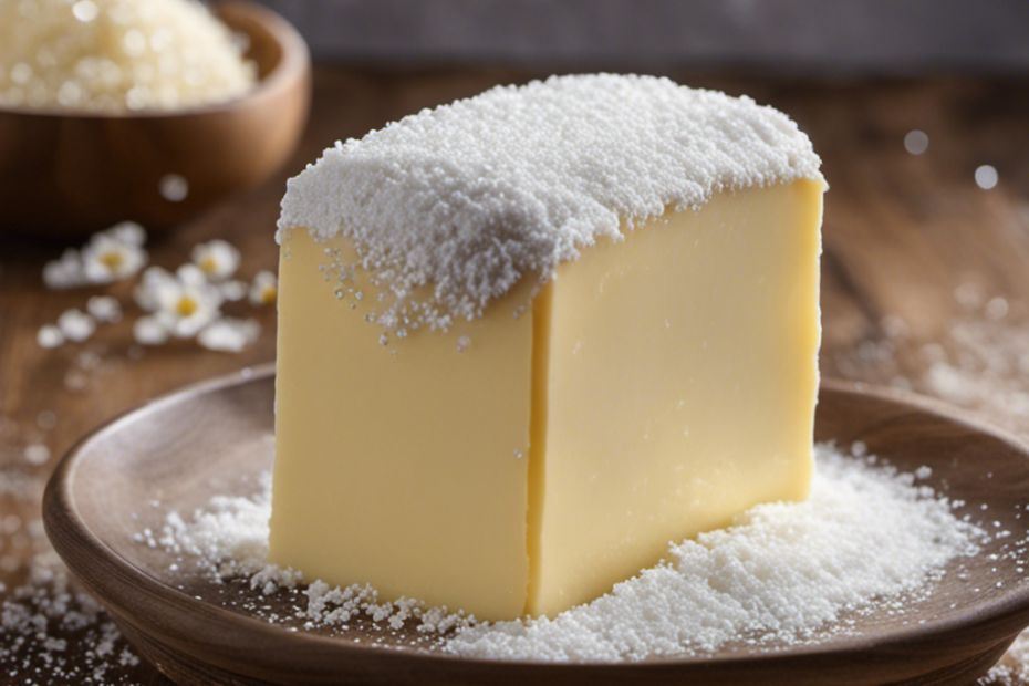 An image featuring a slab of unsalted butter being sprinkled with tiny crystals of salt
