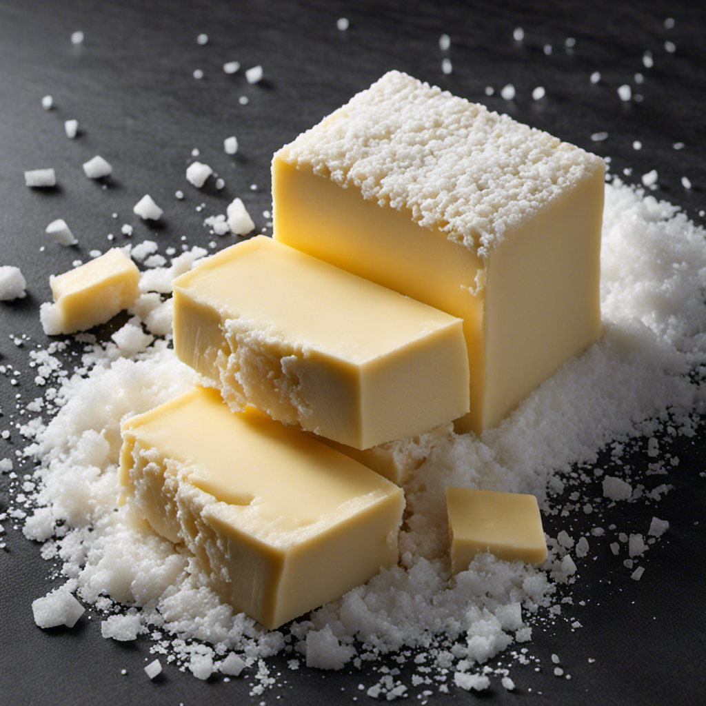 An image depicting a close-up shot of a block of unsalted butter, surrounded by a scattering of fine salt crystals, highlighting the contrast between the two