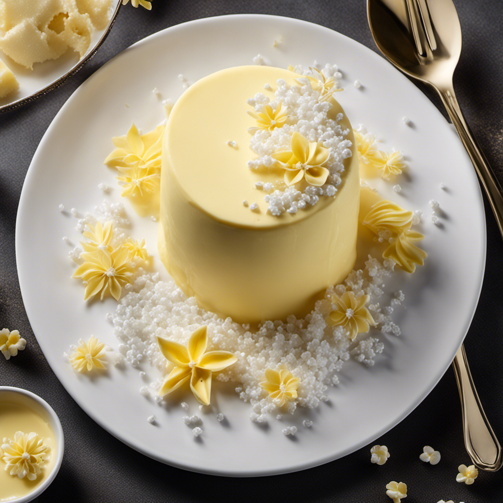 An image showcasing a pat of creamy yellow butter resting on a pristine white plate, surrounded by miniature salt shakers pouring delicate white crystals onto the butter
