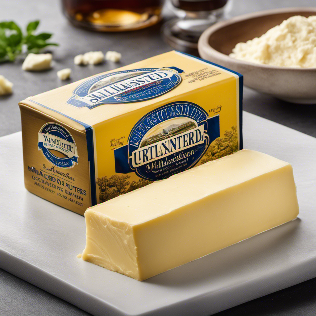 An image showcasing a block of unsalted butter with a magnified view of its ingredients label, emphasizing the sodium content in milligrams