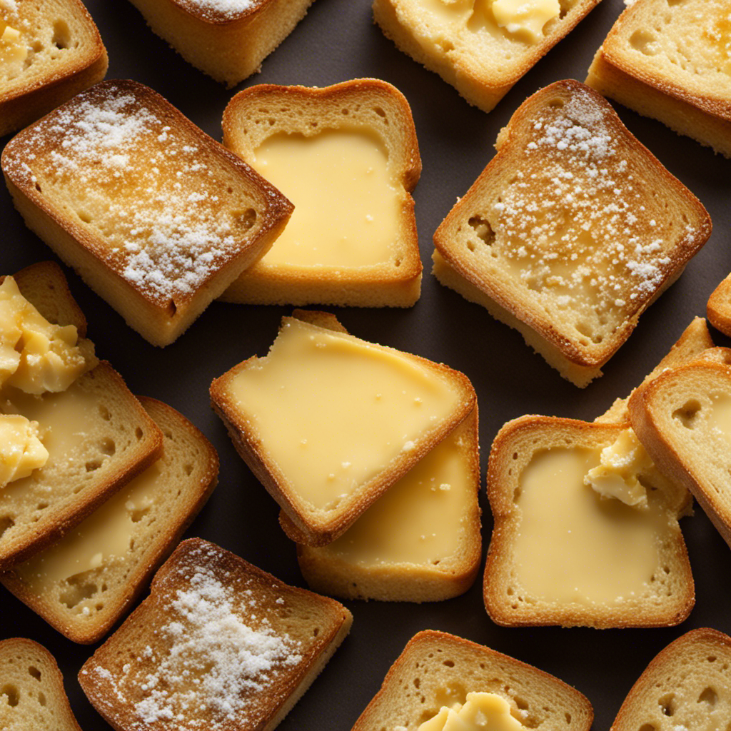 An image showcasing a pat of butter melting on a toasted slice of bread, revealing its rich golden color and a subtle sprinkle of fine, granulated salt crystals glistening on its surface