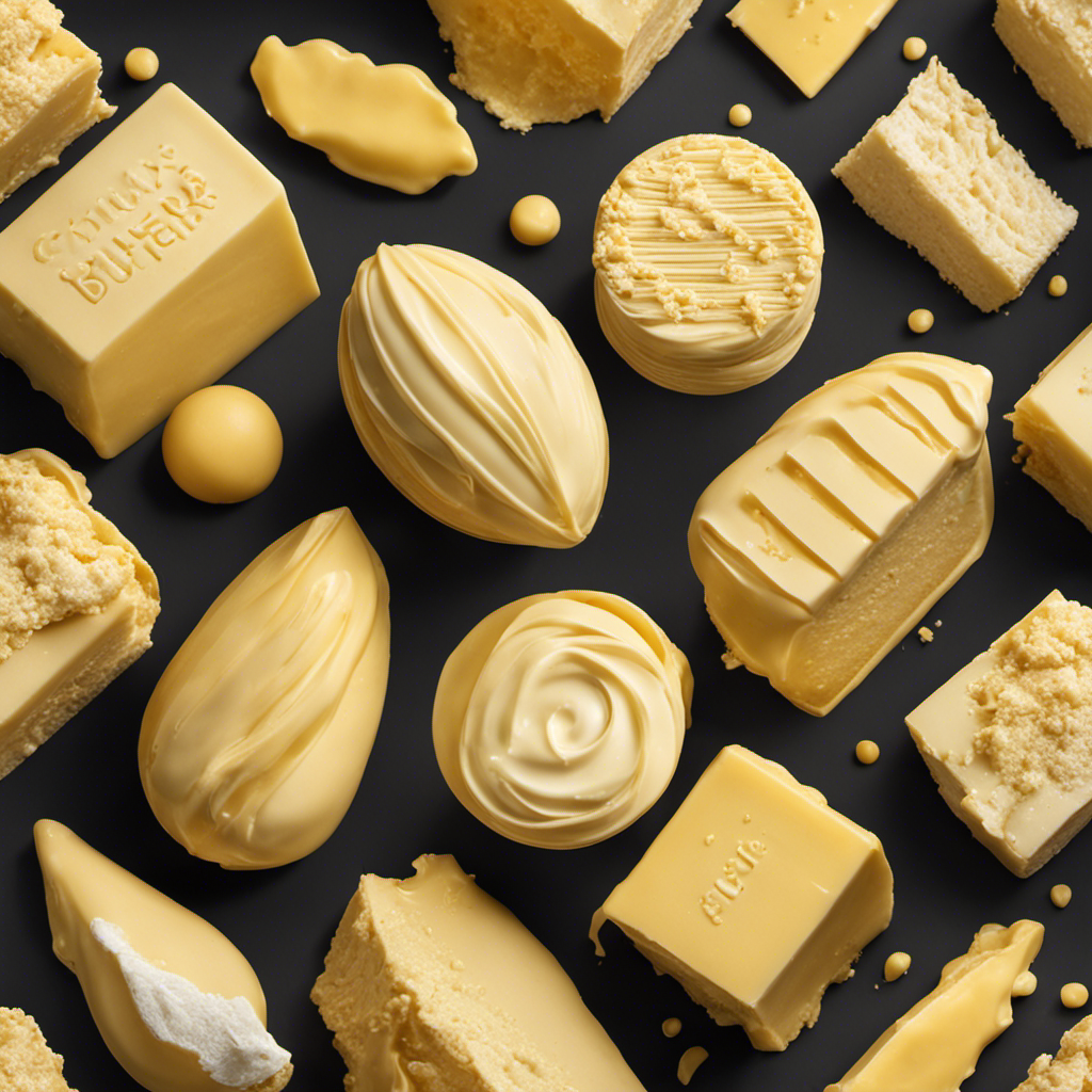 An image that showcases the process of churning butter, capturing the transformation of cream into droplets of water and solid butter, with the creamy texture and golden hue beautifully displayed