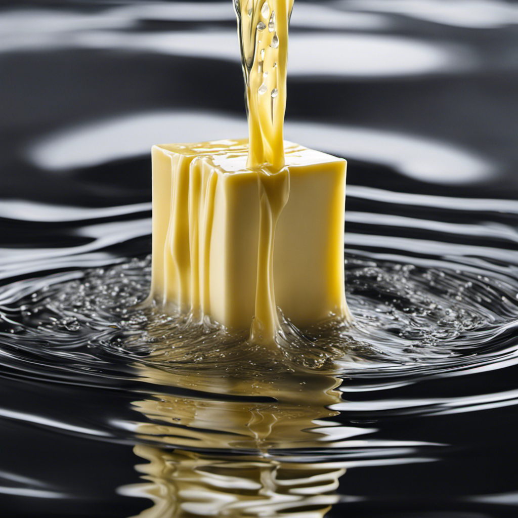An image showcasing a block of butter slowly melting under a gentle stream of clear, cascading water, capturing the intricate droplets forming and merging into the translucent pool beneath