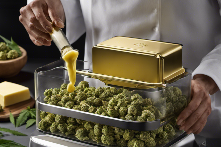 An image capturing the Easy Butter Maker's herb-to-butter process: a visually enticing depiction of precisely measured cannabis buds being added to the device, extracting rich green essence, and transforming into a golden-hued cannabis-infused butter, all without a single word