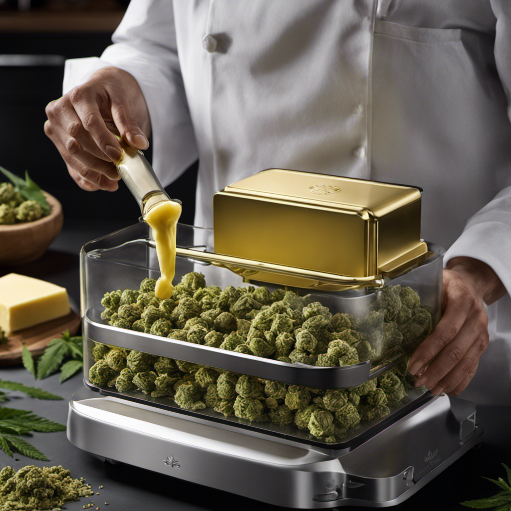 An image capturing the Easy Butter Maker's herb-to-butter process: a visually enticing depiction of precisely measured cannabis buds being added to the device, extracting rich green essence, and transforming into a golden-hued cannabis-infused butter, all without a single word