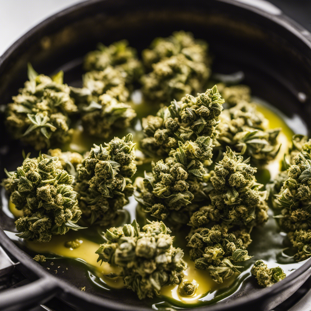 An image showcasing a vibrant green cannabis bud gently being infused into a simmering stick of butter on a stovetop