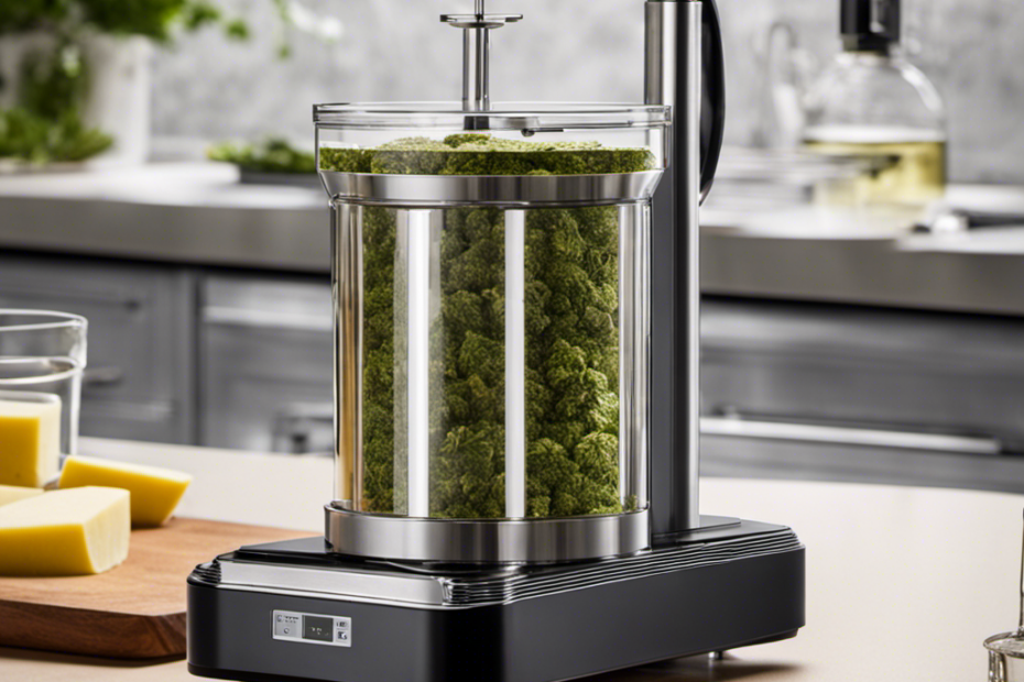 An image showcasing the Easy Butter Maker's simple process: a precise measurement of finely ground cannabis being poured into the device's chamber, while a clear liquid is simultaneously added, capturing the essence of achieving the perfect infusion