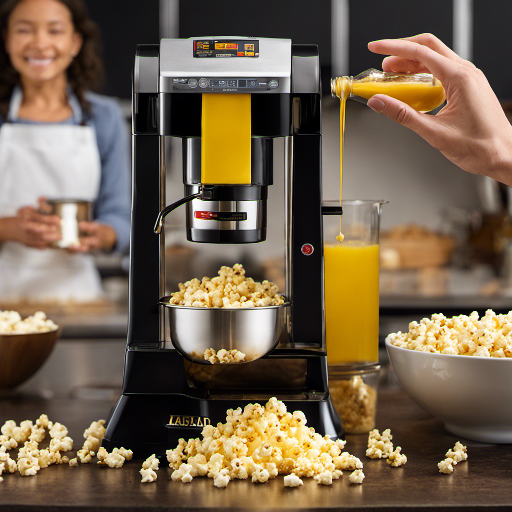An image capturing the step-by-step process of adding butter to an electronic popcorn maker