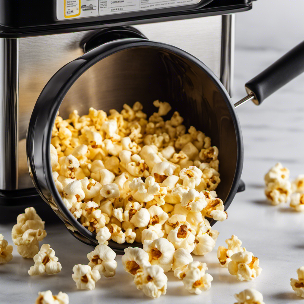 An image showcasing the step-by-step process of adding melted butter to the small cap on the top of an air popcorn maker's kernel chamber