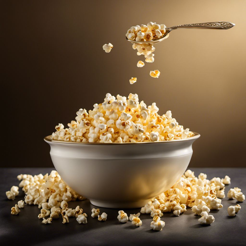 An image showcasing a steaming bowl of freshly popped microwave popcorn, enveloped in a golden hue from a drizzle of melted butter cascading from a spoon, capturing the essence of indulgence and flavor enhancement
