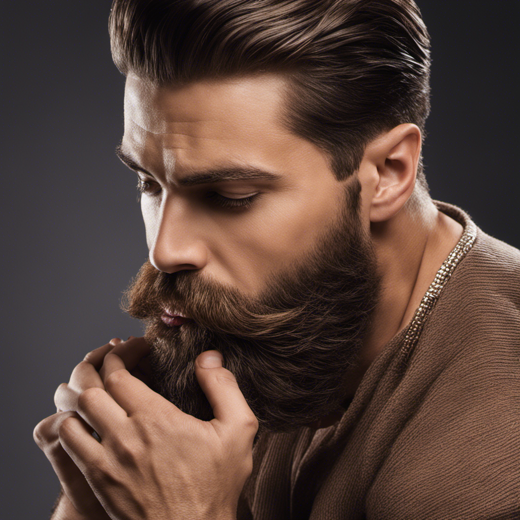 An image showcasing a man's hands gently massaging a dollop of rich, creamy beard butter into his well-groomed, lustrous beard