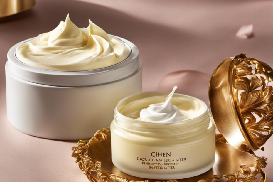 An image showcasing a pair of hands gently scooping a dollop of creamy body butter from a glass jar, spreading it onto smooth, radiant skin, leaving a luxurious, dewy sheen