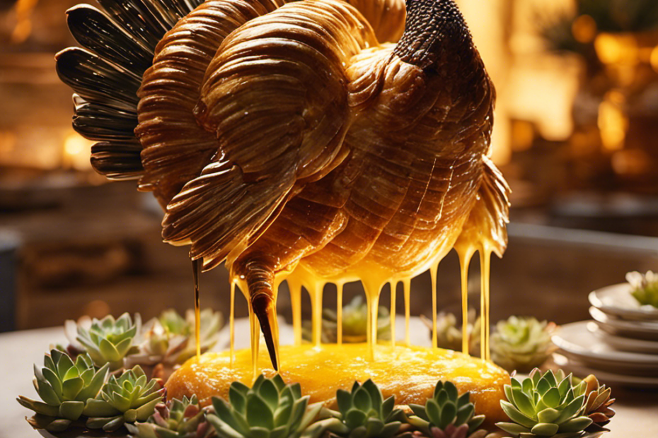 An image capturing a close-up of a hand delicately gliding a bristled pastry brush over a succulent, golden turkey, with melted butter cascading down, glistening under the warm, inviting glow of the oven