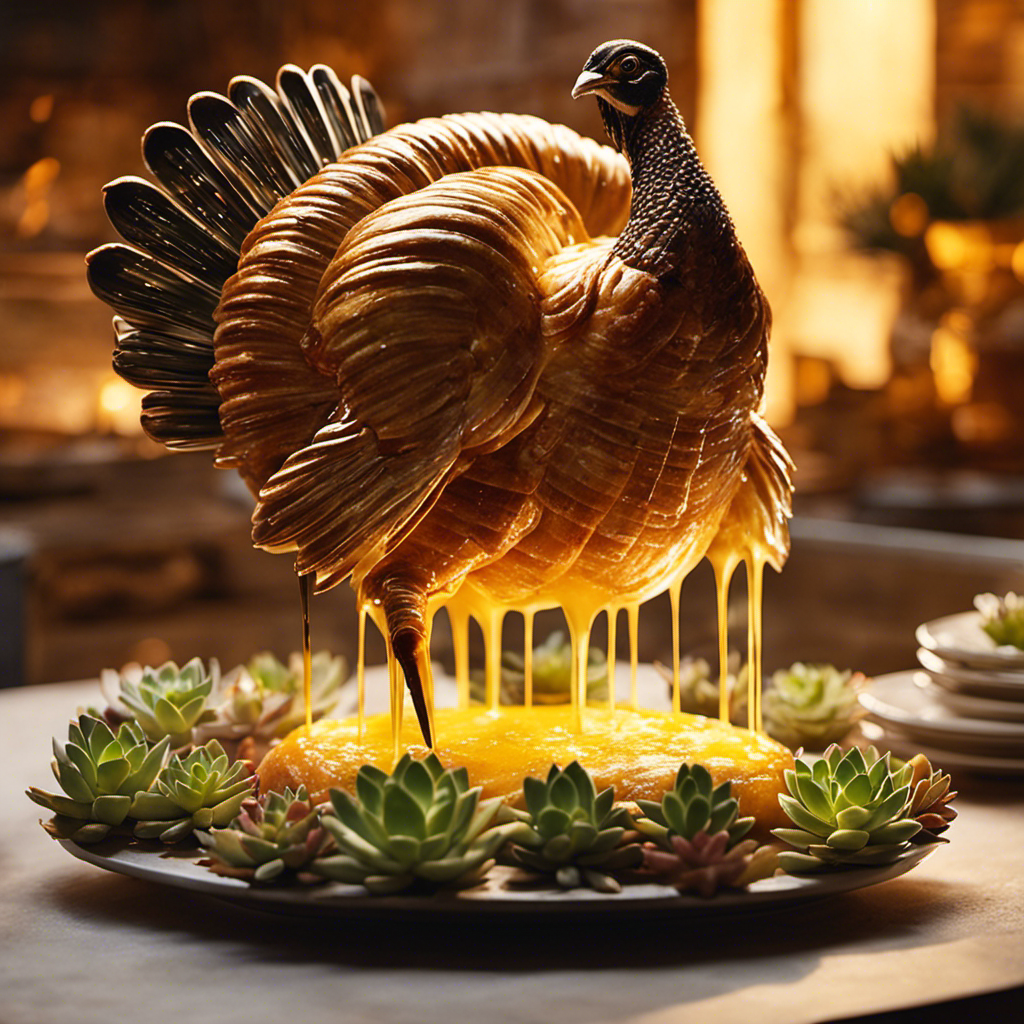 An image capturing a close-up of a hand delicately gliding a bristled pastry brush over a succulent, golden turkey, with melted butter cascading down, glistening under the warm, inviting glow of the oven