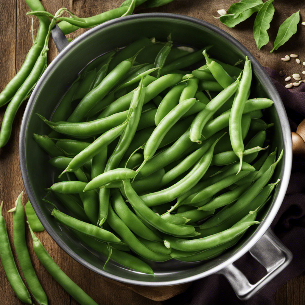 An image capturing the process of blanching butter beans: a pot of boiling water, vibrant green beans being immersed, a timer ticking, and a slotted spoon delicately lifting out perfectly tender beans