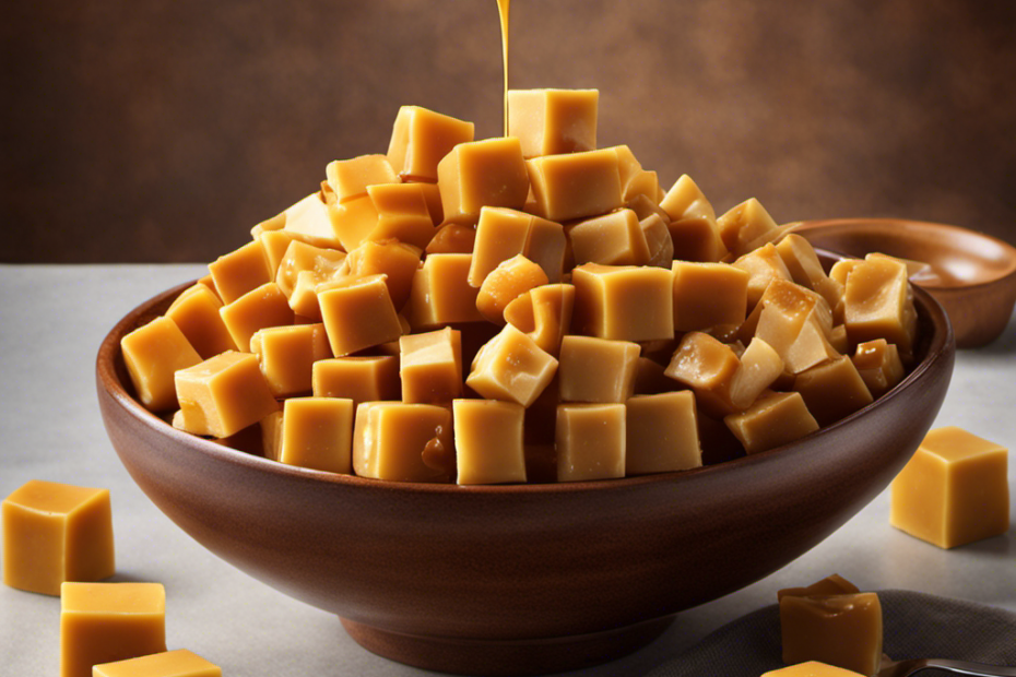 An image capturing a microwave-safe bowl filled with golden butter cubes melting into a rich caramel hue, emanating a mouthwatering aroma