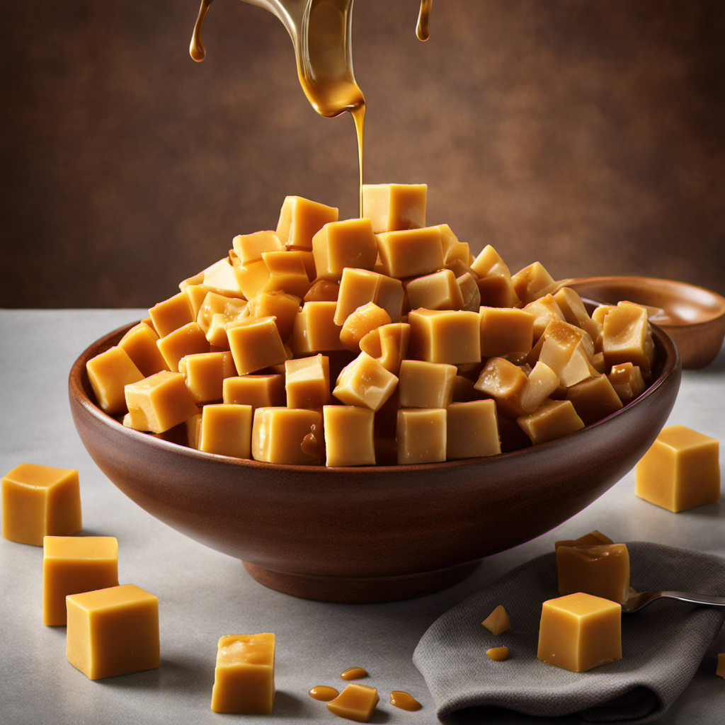 An image capturing a microwave-safe bowl filled with golden butter cubes melting into a rich caramel hue, emanating a mouthwatering aroma
