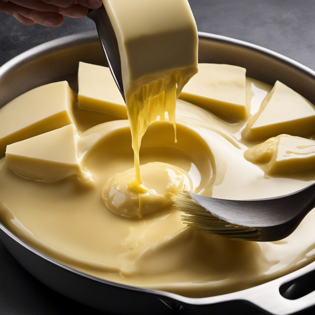 An image capturing the precise steps to butter a pan: a hand gently brushing melted butter onto a shiny surface, the butter slowly spreading, forming a thin, even layer, ready for culinary perfection
