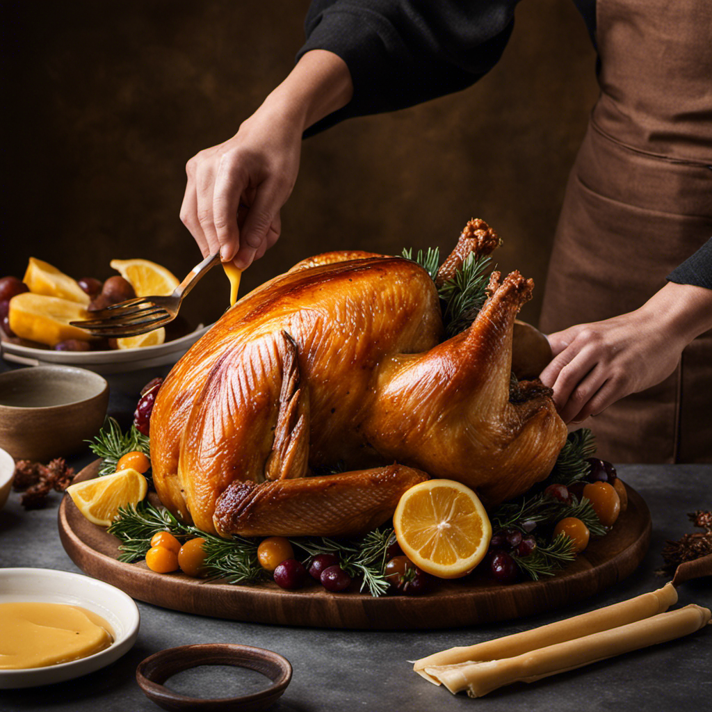 An image showcasing the precise process of buttering a turkey: a hand gently gliding a golden butter stick over the turkey's perfectly browned skin, ensuring every inch is coated with a luscious layer of creamy goodness
