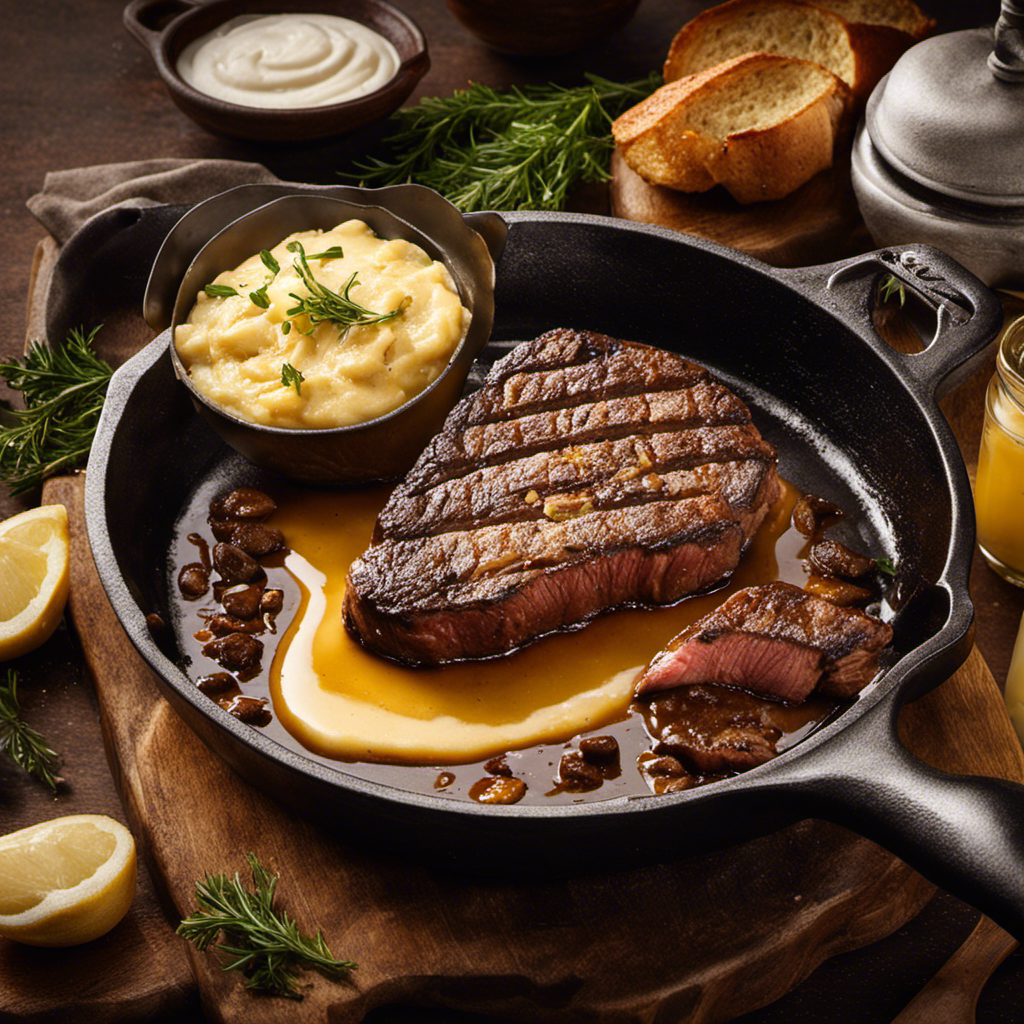An image showcasing a sizzling steak on a hot cast-iron skillet, enveloped in a rich golden pool of melted butter, as it gets skillfully basted by a chef's brush