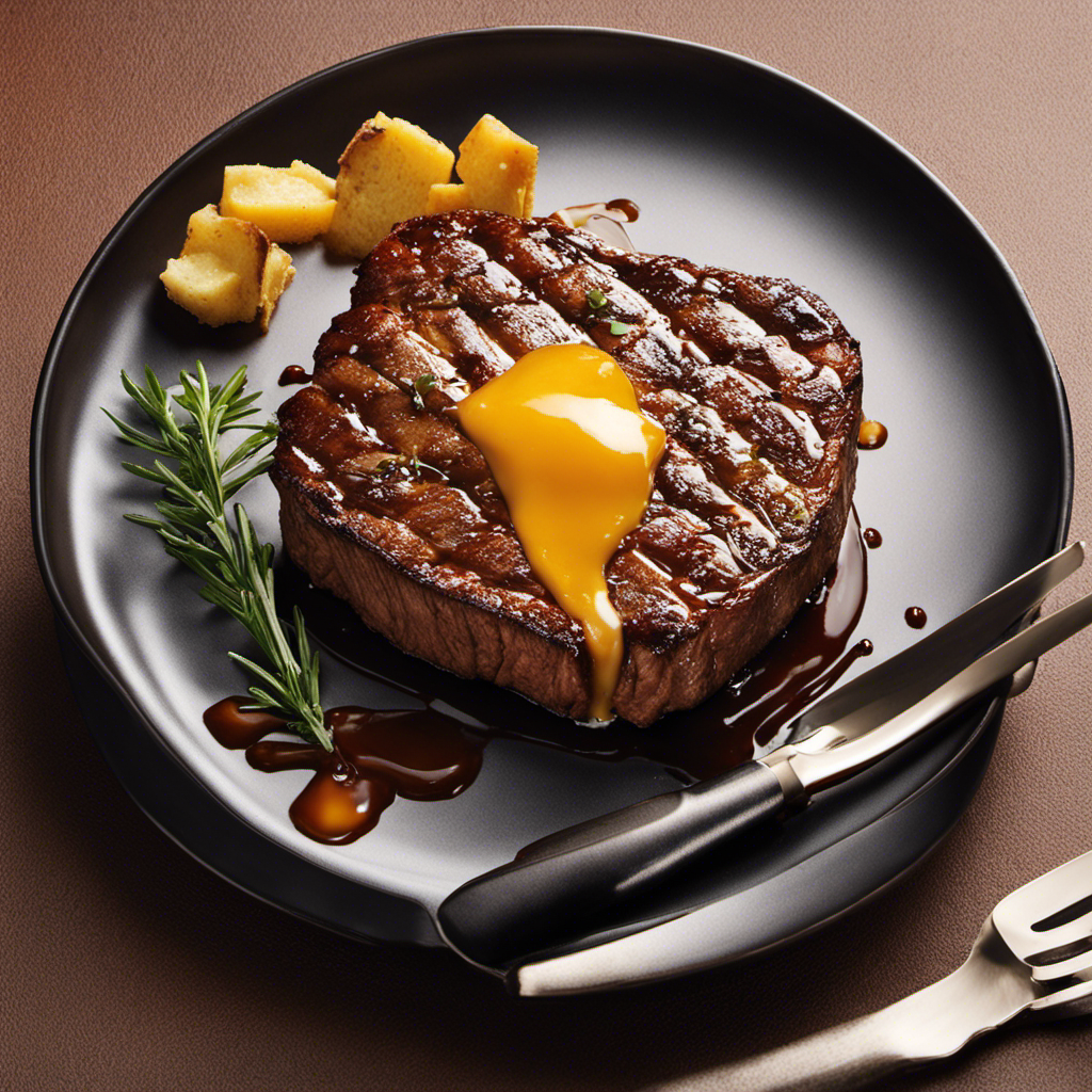 An image that showcases a sizzling steak on a hot grill, surrounded by bubbling golden butter