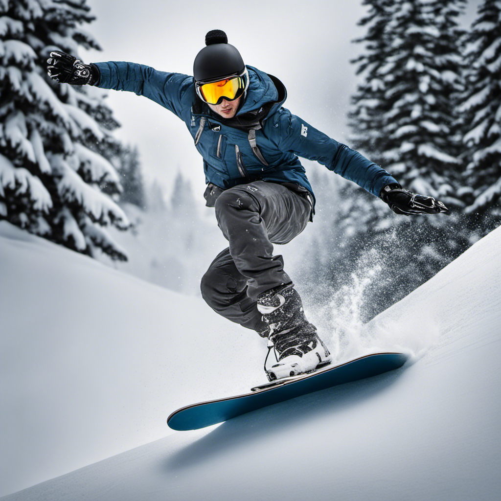 An image showcasing a snowboarder elegantly balancing on the edge of their board, knees bent and arms outstretched, gliding effortlessly on fresh powder, demonstrating the art of buttering with grace and precision