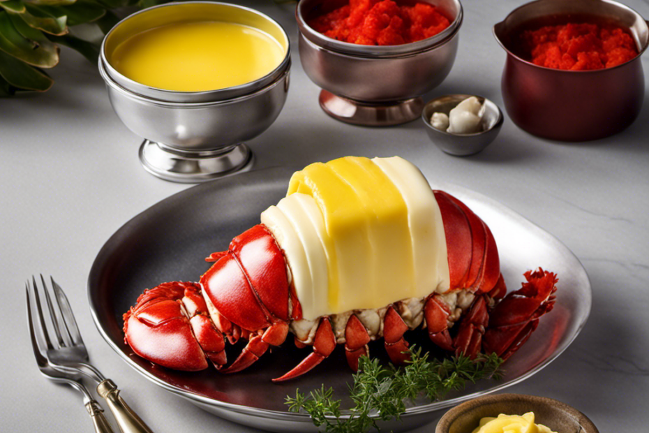 the essence of indulgence as creamy yellow butter gently envelops a succulent lobster tail, its vibrant red hue contrasting against the gleaming silver pot