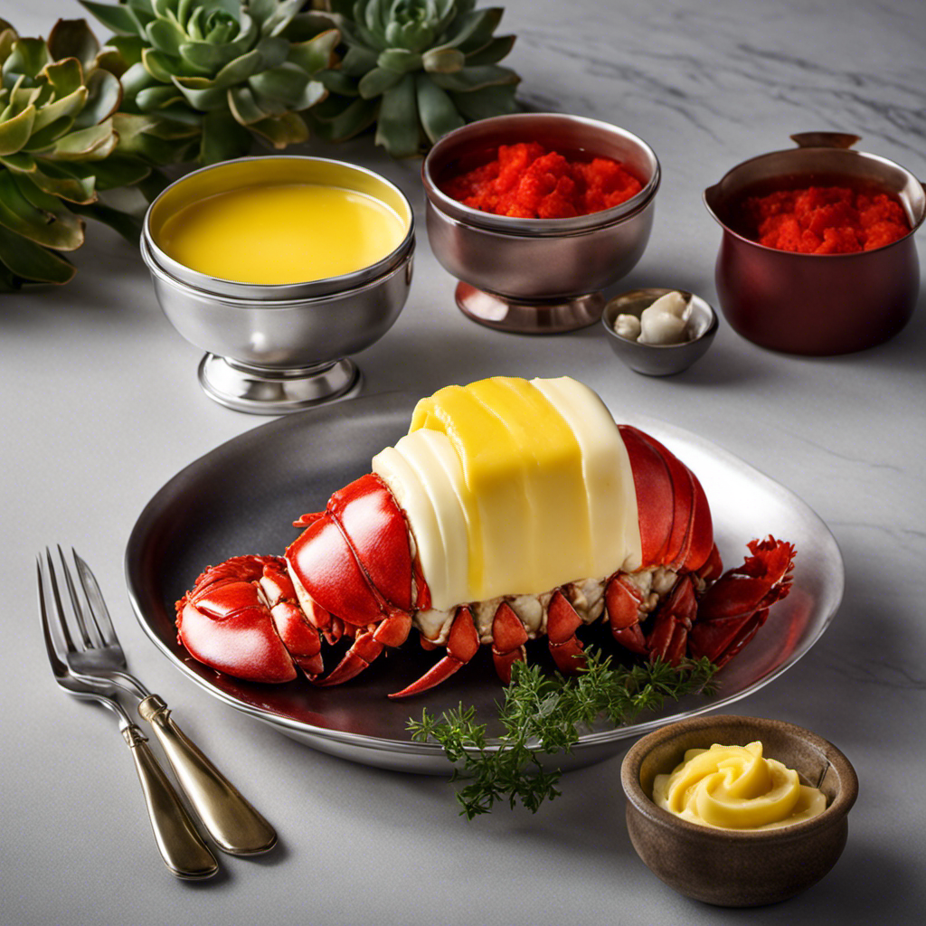 the essence of indulgence as creamy yellow butter gently envelops a succulent lobster tail, its vibrant red hue contrasting against the gleaming silver pot