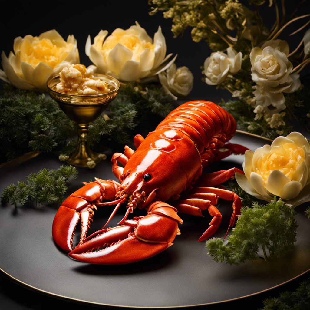 An image showcasing a succulent lobster tail gently poaching in a pool of golden, creamy butter
