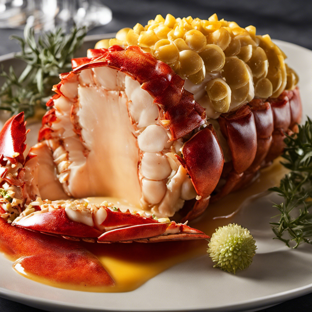 An image depicting a succulent lobster tail submerged in a shimmering pool of golden butter, gently simmering on a stovetop