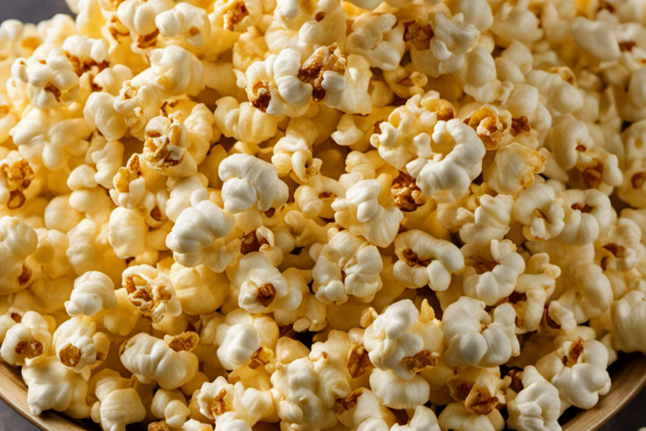 An image showcasing a golden-brown batch of freshly popped popcorn, glistening with a generous drizzle of melted butter, cascading down the fluffy kernels from a popcorn maker