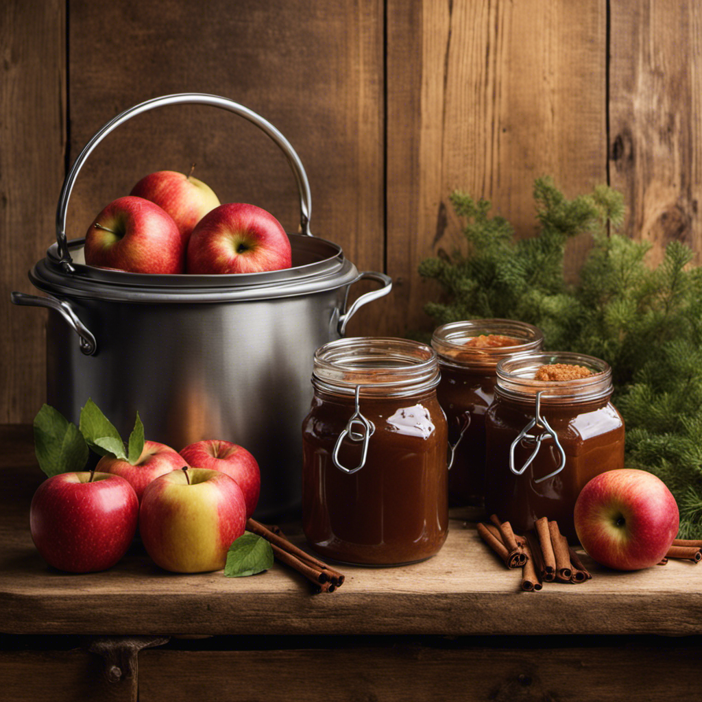 An image showcasing a rustic kitchen scene with a large pot simmering on a stovetop, filled with fragrant homemade apple butter