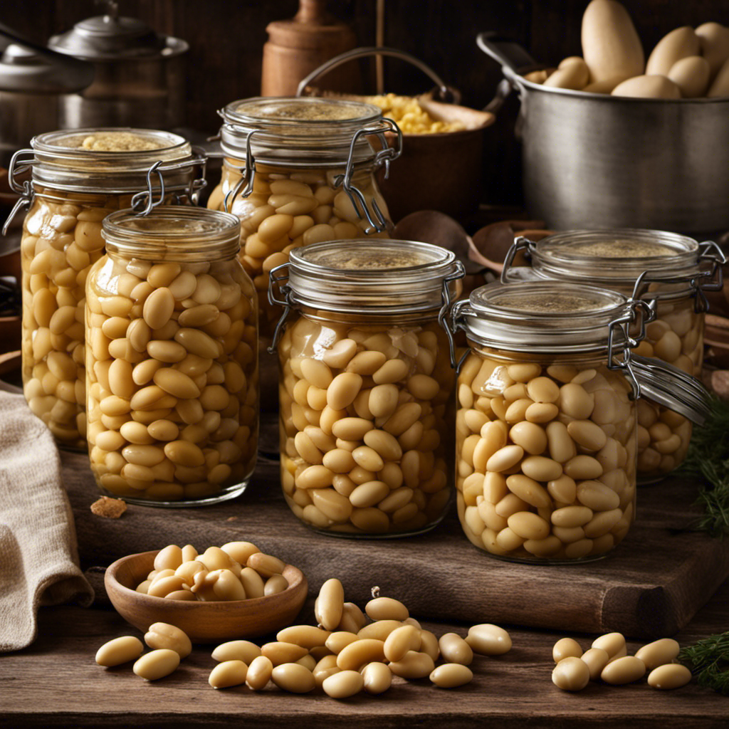 An image capturing the mesmerizing process of canning butter beans: a rustic kitchen setting, a simmering pot brimming with plump, golden beans, a pair of gloved hands carefully filling jars, and a steamy canner bubbling in the background