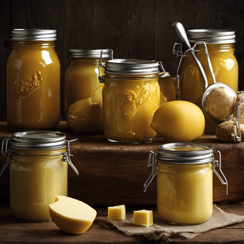 An image showcasing the step-by-step process of canning butter: a stainless steel pot simmering with melted butter, a jar filled with golden liquid, and a sealed jar cooling on a wire rack