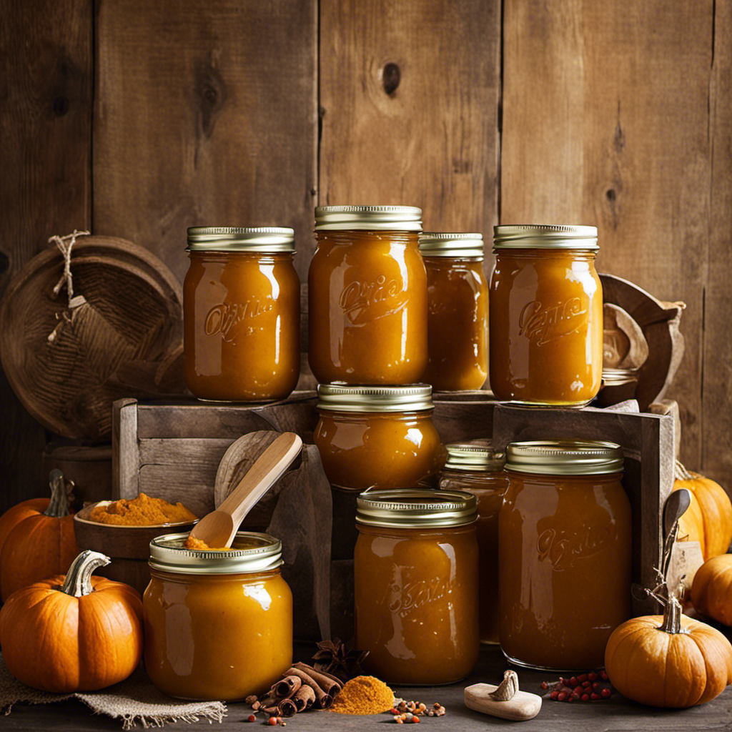 An image capturing the step-by-step process of canning pumpkin butter: a simmering pot filled with smooth, golden pumpkin puree, wooden spoon stirring in fragrant spices, and mason jars lined up, ready to be filled and sealed