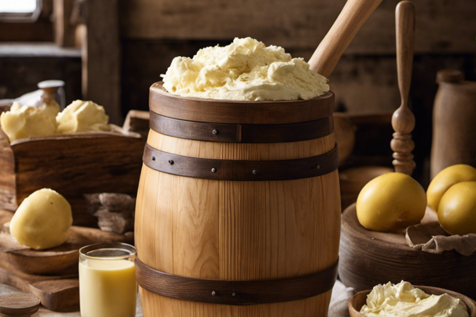 An image that captures the essence of hand-churning butter: A wooden churn, filled with thick cream, stands on a rustic farmhouse table, surrounded by a quaint countryside backdrop, while skilled hands rhythmically turn the handle