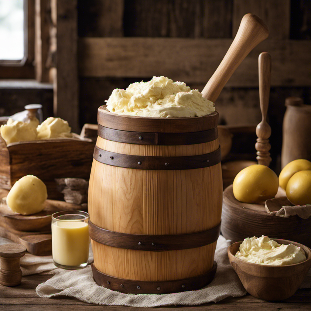 An image that captures the essence of hand-churning butter: A wooden churn, filled with thick cream, stands on a rustic farmhouse table, surrounded by a quaint countryside backdrop, while skilled hands rhythmically turn the handle