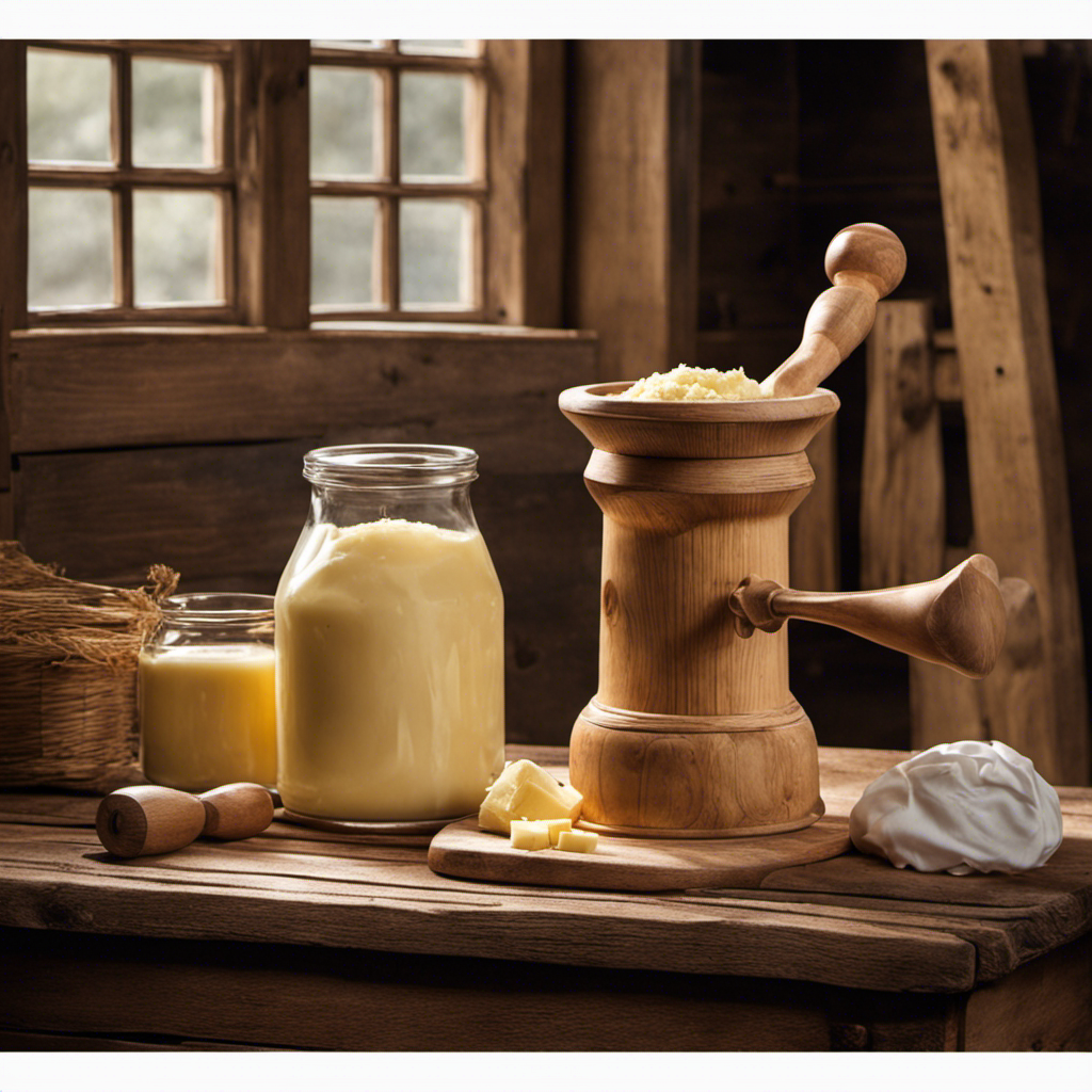 An image capturing the essence of churning butter the old fashioned way: a wooden churner perched on a rustic wooden table, a pair of hands rhythmically working the handle, creamy butter forming, and a gentle smile on the churning enthusiast's face