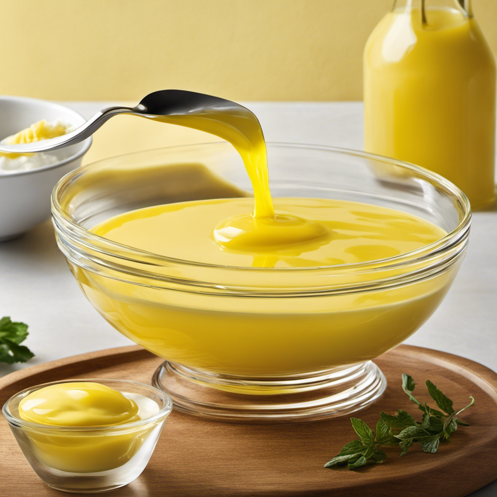 An image depicting a microwave-safe glass bowl filled with melted butter, perfectly separated into clear yellow liquid on top and milky solids settled at the bottom, with a spoon skimming off the clarified butter