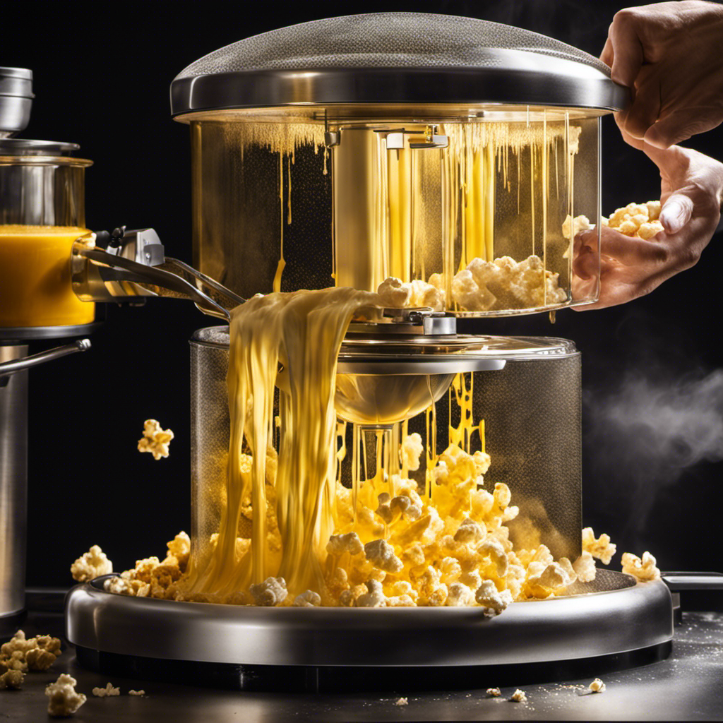 An image of a hand delicately wiping off melted butter residue from a plexiglass surface inside a popcorn maker