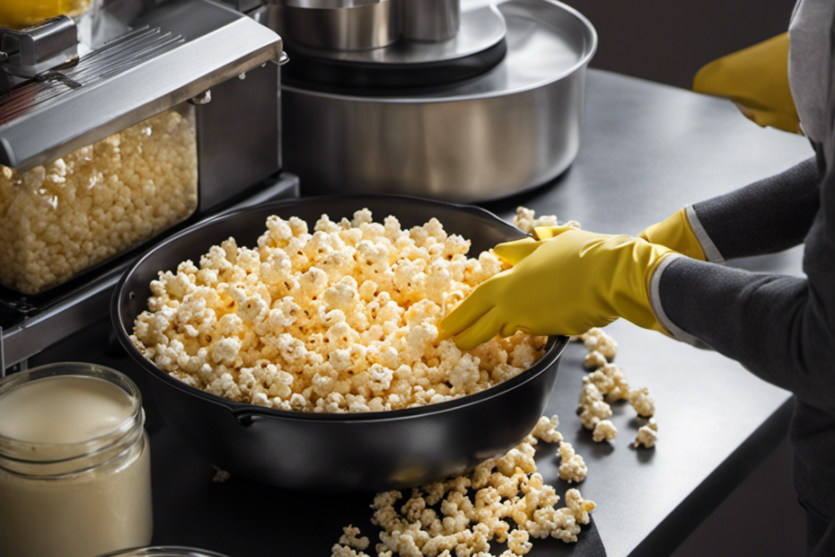 An image showcasing a person wearing protective gloves, gently wiping a plexiglass popcorn maker using a soft microfiber cloth